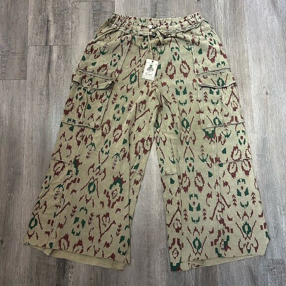 Easel Women’s Size Large Extra Wide Leg Pants Pull On Cargo Beige Red Green - Picture 1 of 10